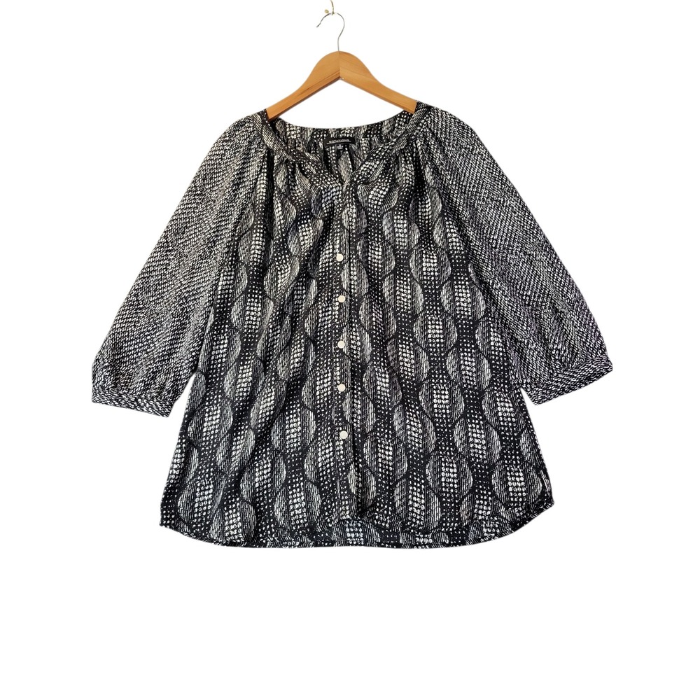 Notations Womens S Black White Button Front Blouse Geometric Gothic Officewear